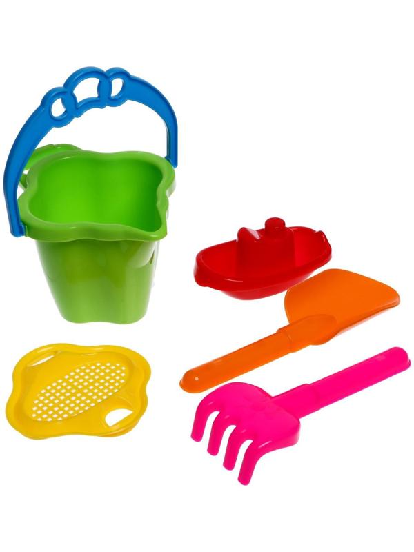 Песочный набор № 119: ведро 0,6 л, сито, лопатка 19 см, грабли, 1 кораблик малый