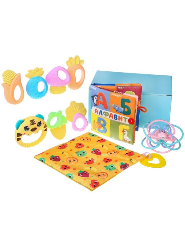 Развивающий набор «Играем с малышом», книжка-шуршалка, платочек, 8 погремушек, в коробке