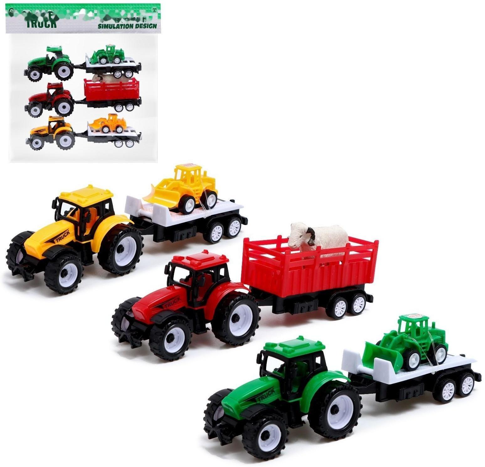 Набор инерционных тракторов «Фермер» с прицепом, 3 штуки