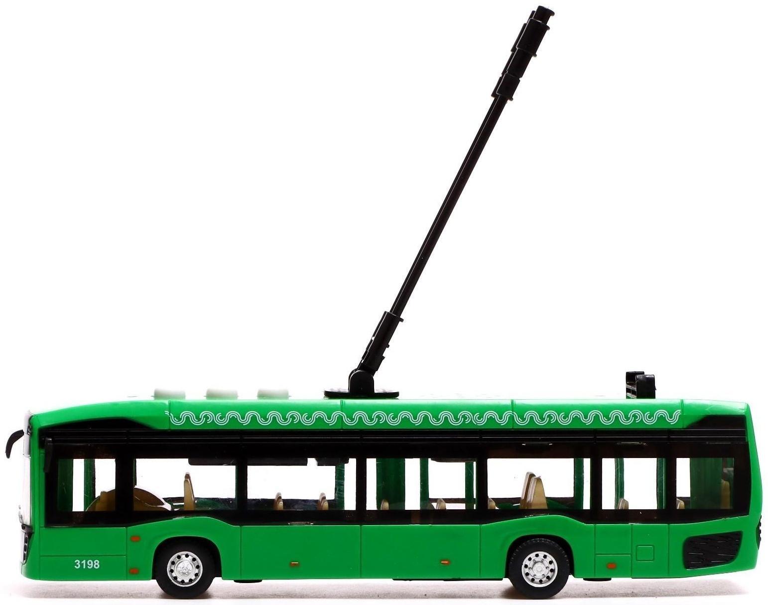 Троллейбус «Городской», 19 см, 3 кнопки, инерция, цвет зелёный, световые и звуковые эффекты