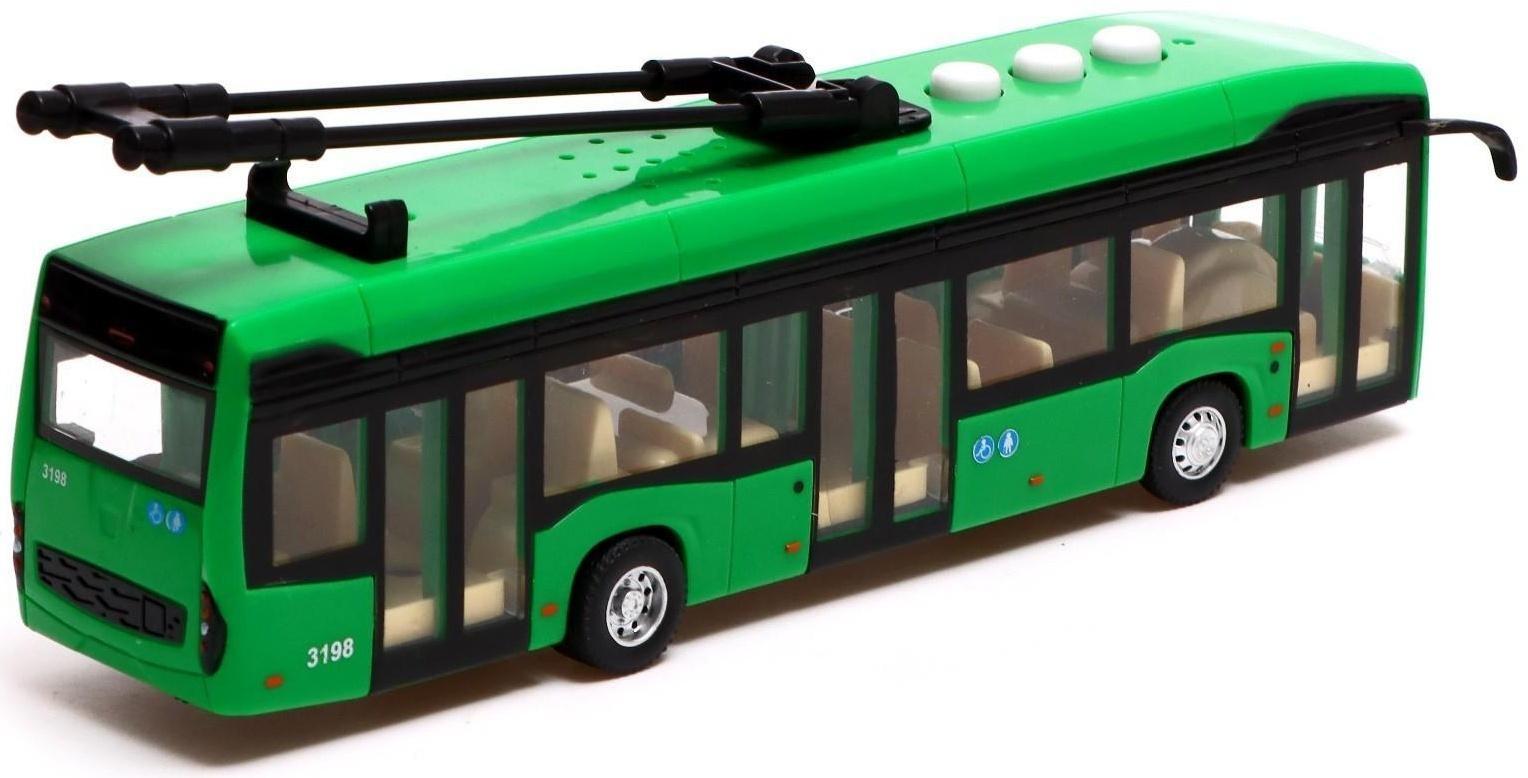 Троллейбус «Городской», 19 см, 3 кнопки, инерция, цвет зелёный, световые и звуковые эффекты