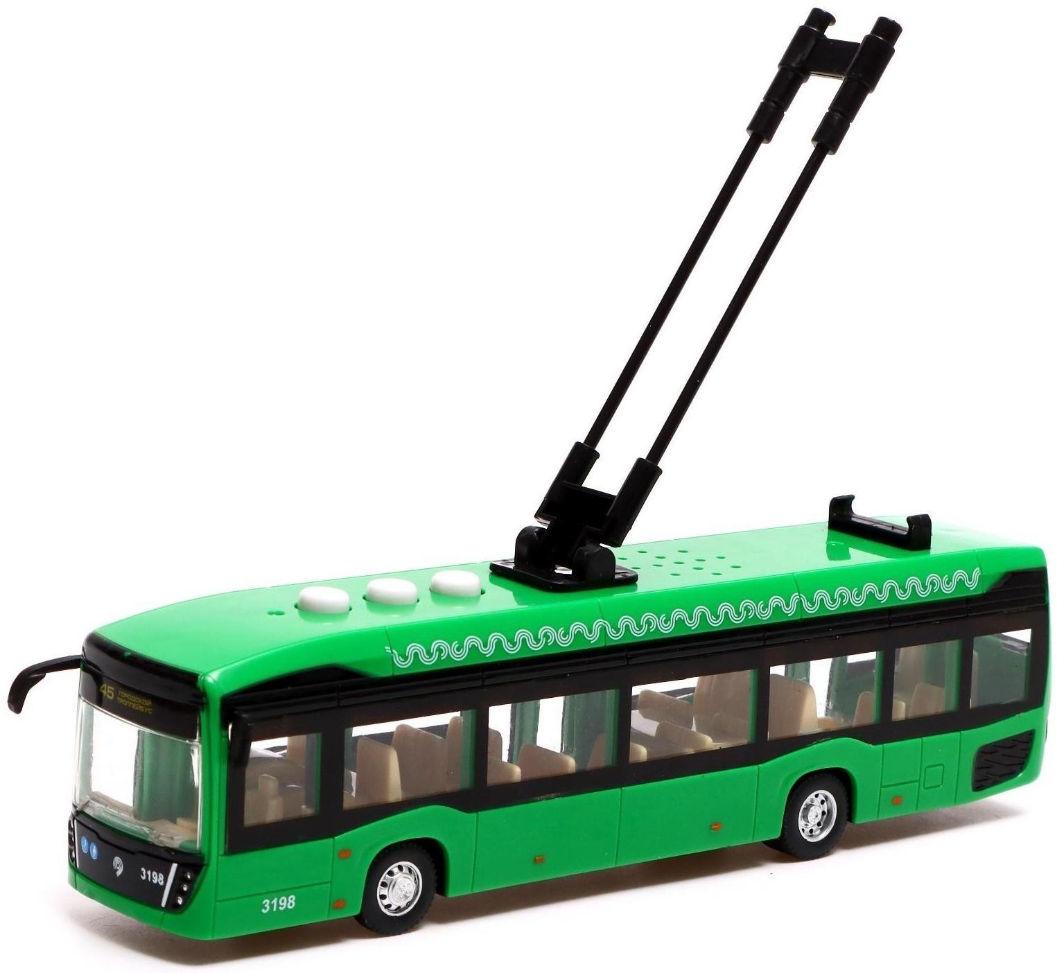 Троллейбус «Городской», 19 см, 3 кнопки, инерция, цвет зелёный, световые и звуковые эффекты