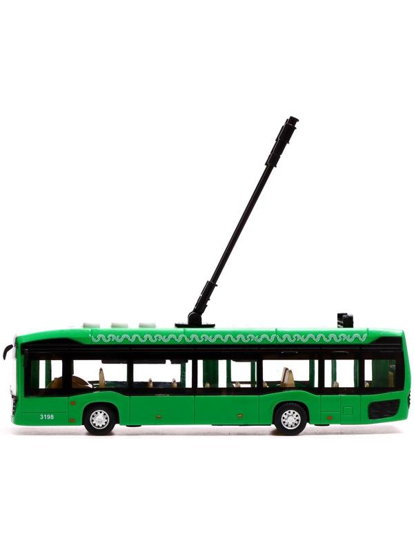 Троллейбус «Городской», 19 см, 3 кнопки, инерция, цвет зелёный, световые и звуковые эффекты