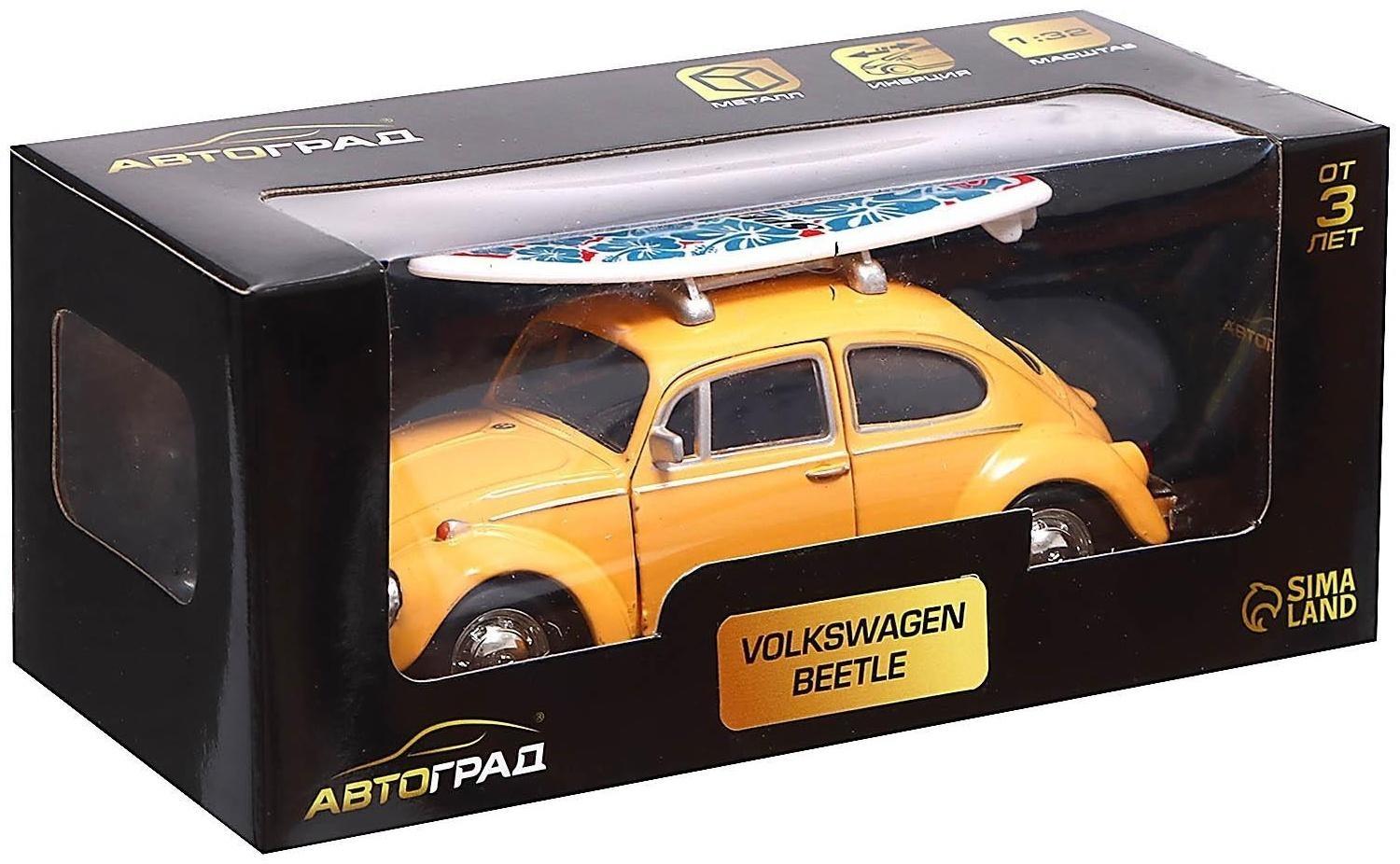 Машина металлическая VOLKSWAGEN BEETLE 1967, 1:32, открываются двери, инерция, цвет жёлтый