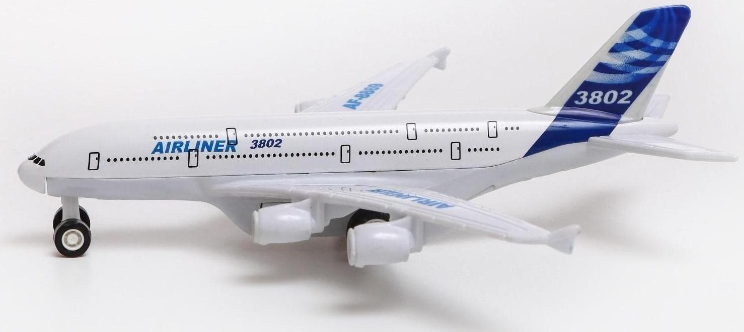 Самолёт металлический «Пассажирский», инерционный, световые и звуковые эффекты, цвет бело-синий