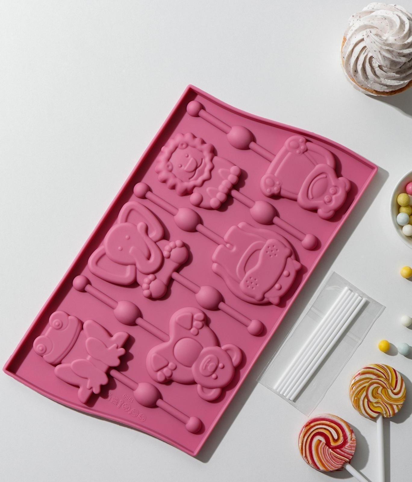 Форма для леденцов Доляна «Звери», 27,5×16,5 см, 6 ячеек, с палочками, цвет МИКС