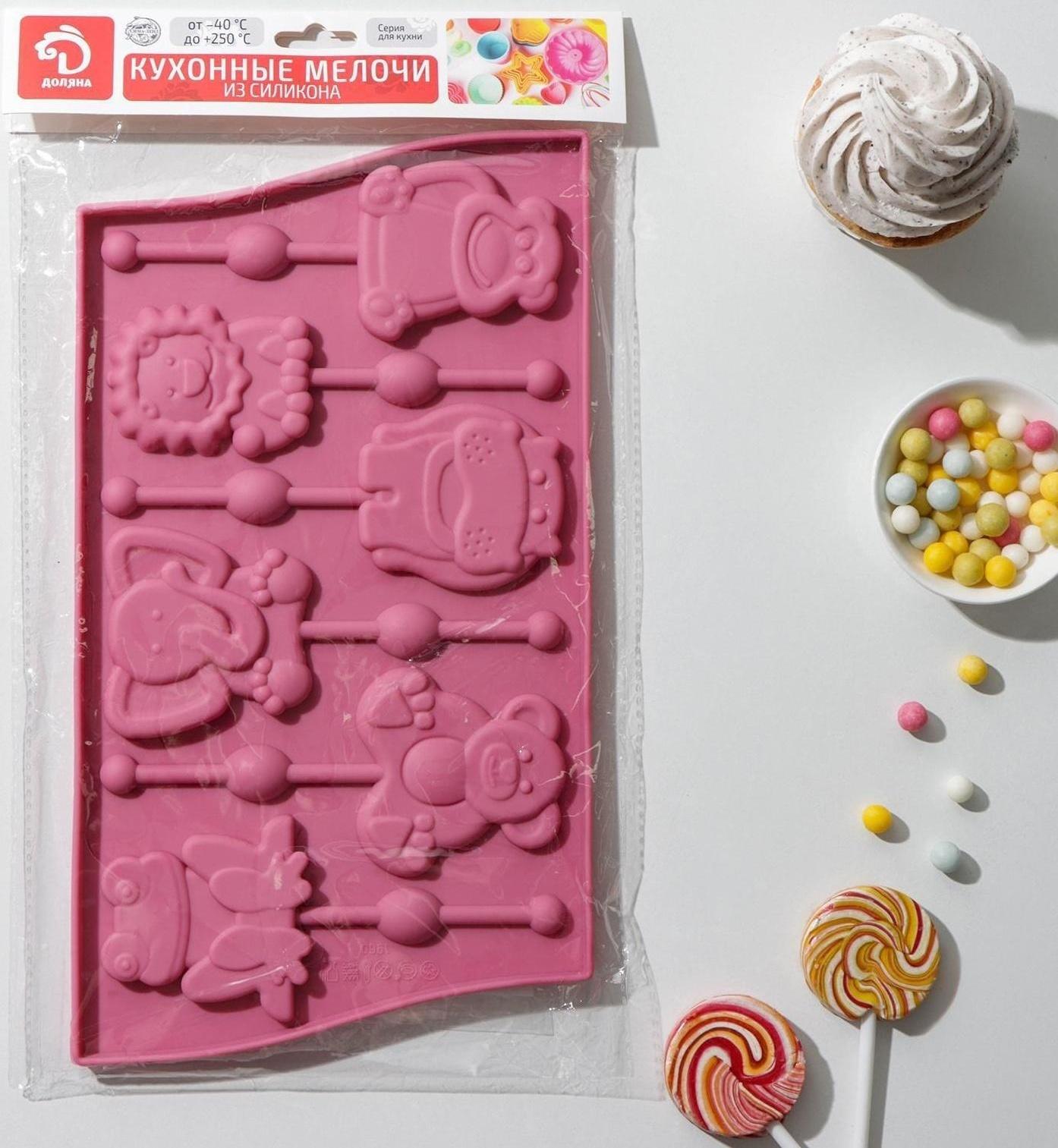 Форма для леденцов Доляна «Звери», 27,5×16,5 см, 6 ячеек, с палочками, цвет МИКС