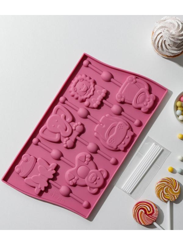 Форма для леденцов Доляна «Звери», 27,5×16,5 см, 6 ячеек, с палочками, цвет МИКС