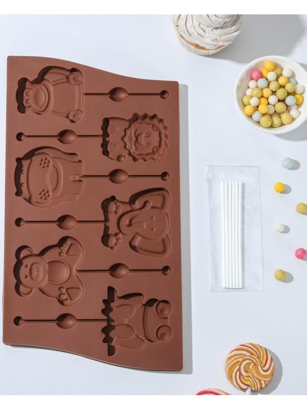 Форма для леденцов Доляна «Звери», 27,5×16,5 см, 6 ячеек, с палочками, цвет МИКС