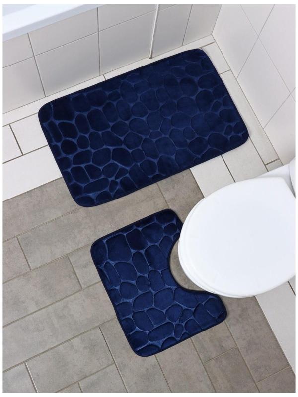 Набор ковриков для ванной и туалета Доляна «Камни», объёмные, 2 шт: 40×50, 50×80 см, цвет синий