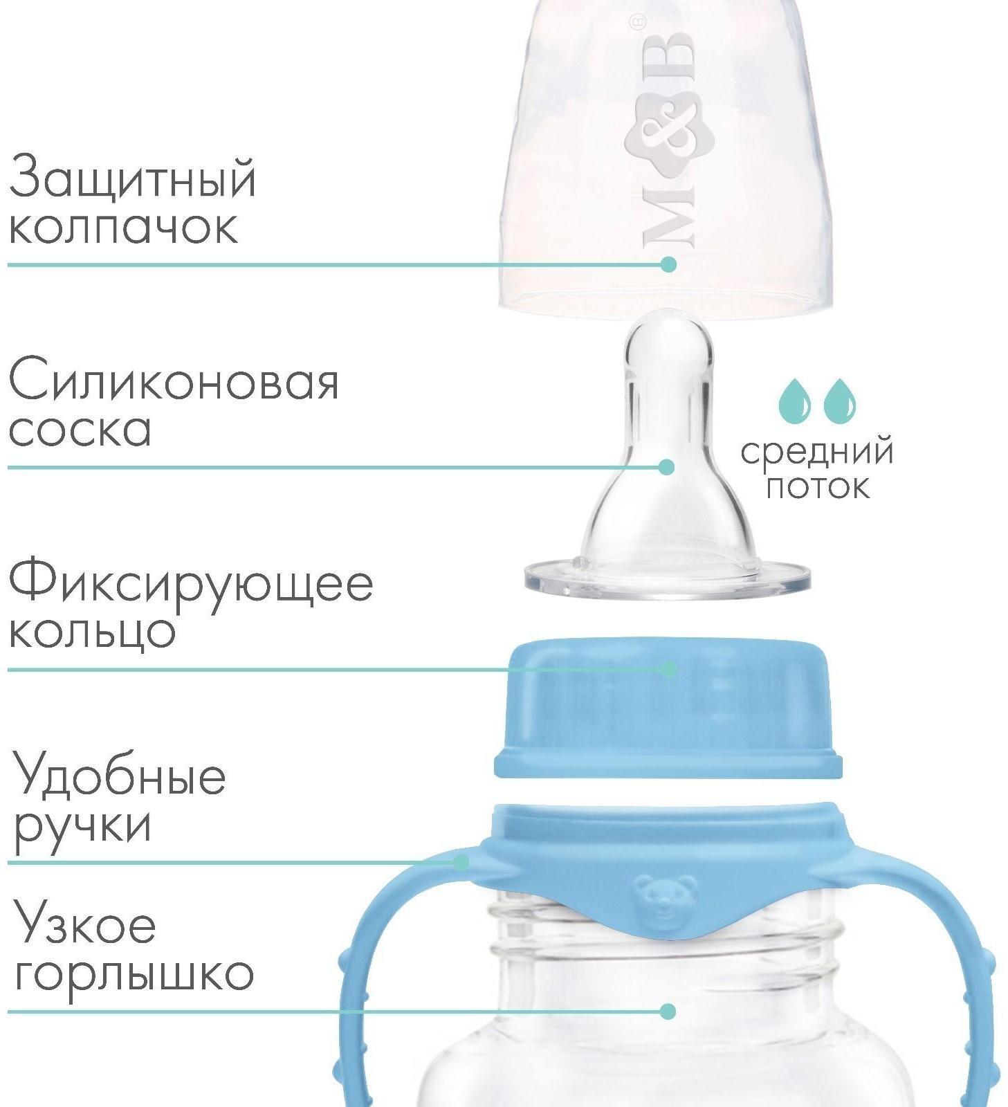 Бутылочкадлякормления детскаяприталенная,сручками,250 мл, от 0 мес.,цвет голубой МИКС