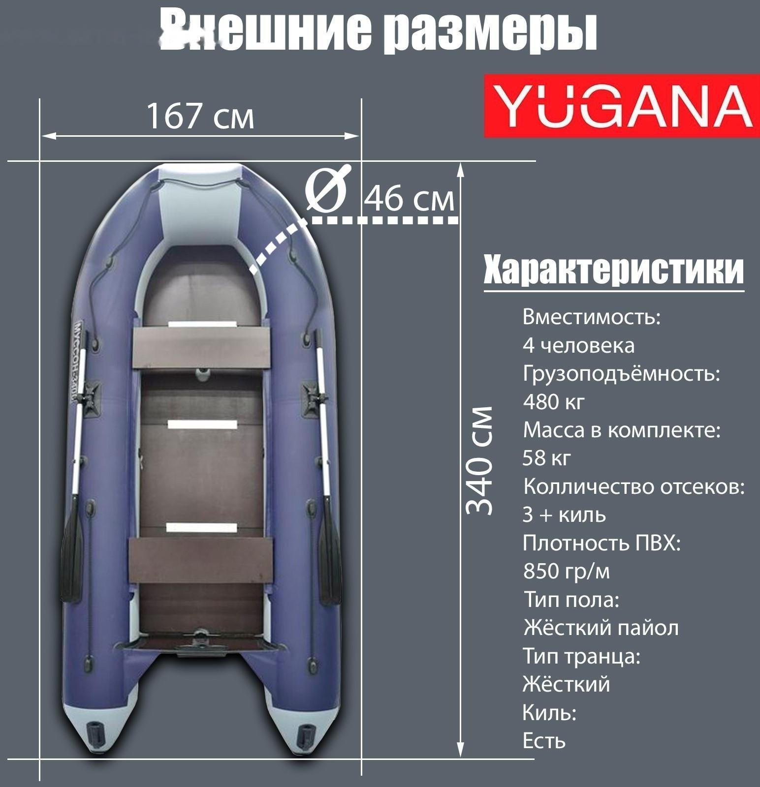 Лодка YUGANA 3600 СК, слань+киль, цвет серый/синий