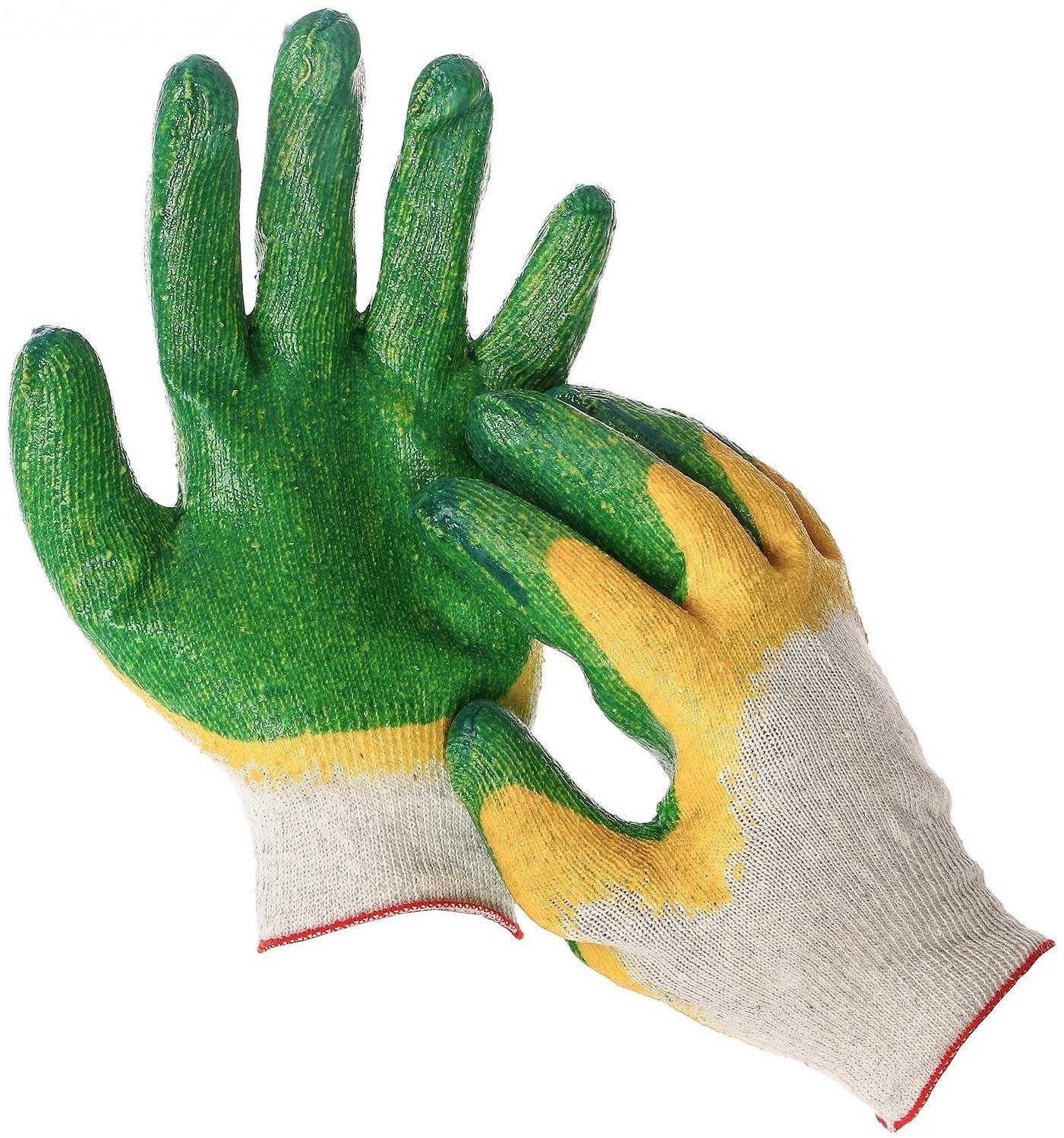 Перчатки, х/б, вязка 13 класс, размер 9, двойной латексный облив, зелёные