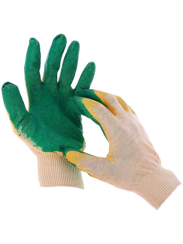Перчатки, х/б, вязка 13 класс, размер 9, двойной латексный облив, зелёные