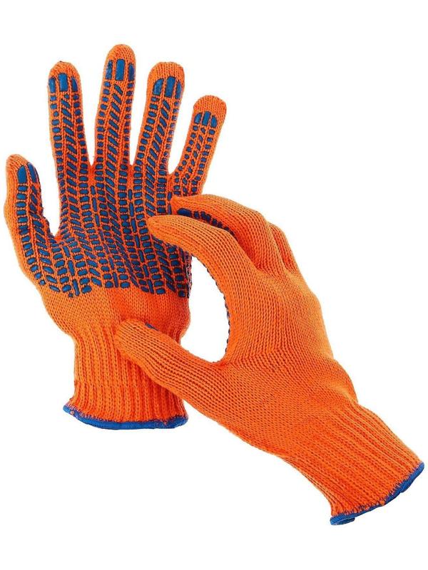 Перчатки, х/б, вязка 7 класс, 5 нитей, 3-слойные, размер 10, с ПВХ протектором, оранжевые