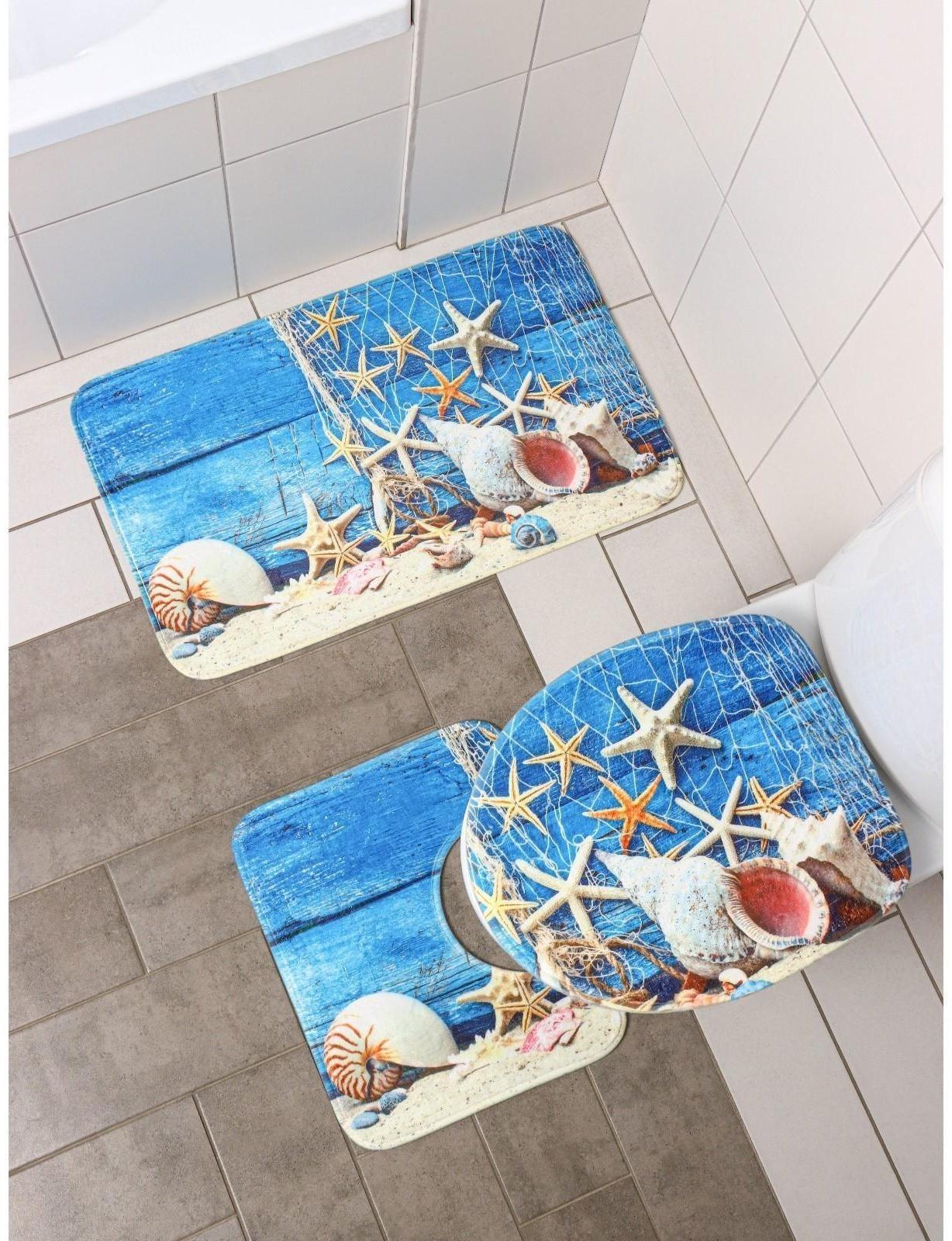 Набор ковриков для ванной и туалета Доляна «Ракушки», 3 шт: 37×45, 37×45, 45×75 см., 2987444