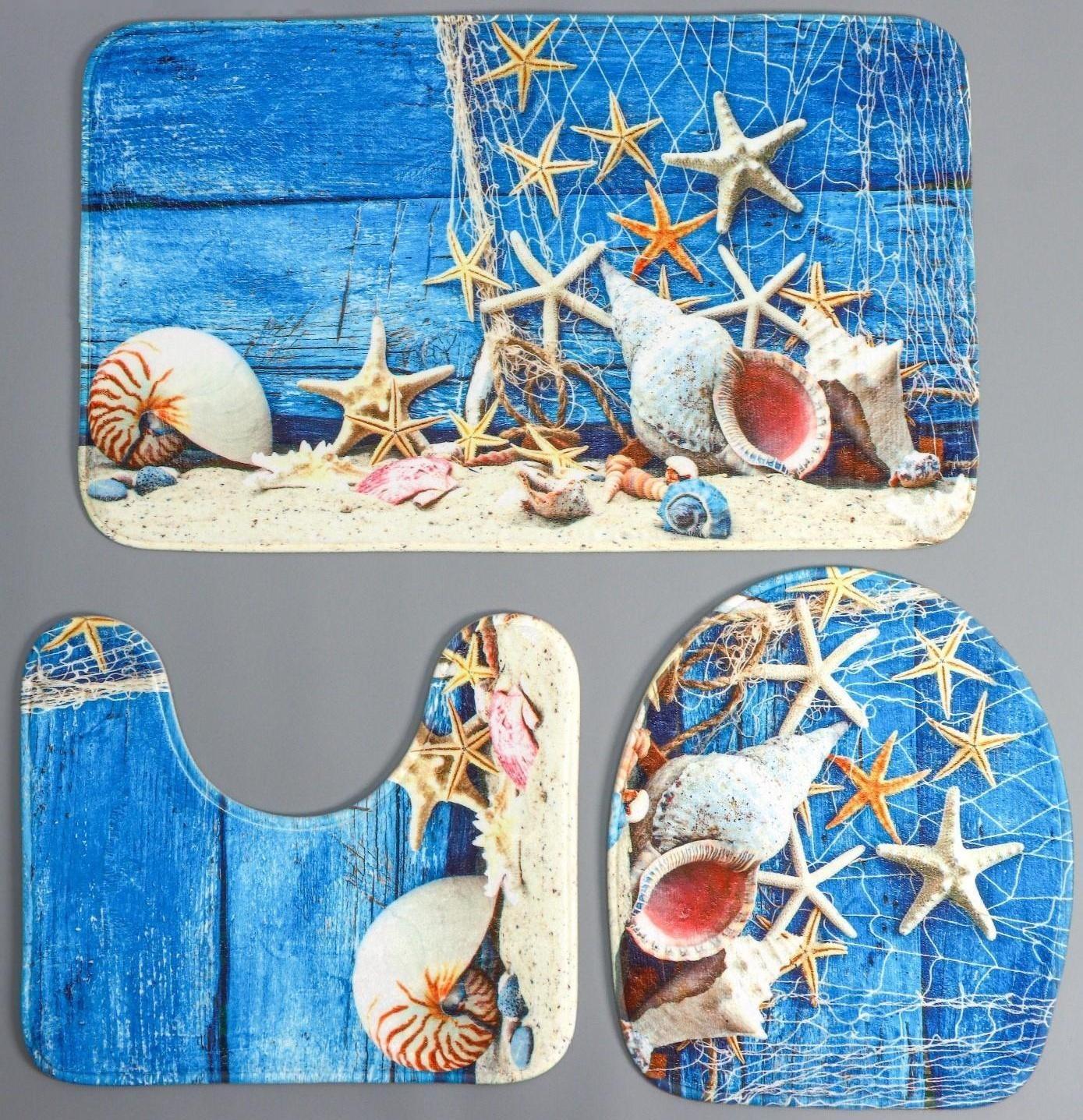 Набор ковриков для ванной и туалета Доляна «Ракушки», 3 шт: 37×45, 37×45, 45×75 см., 2987444