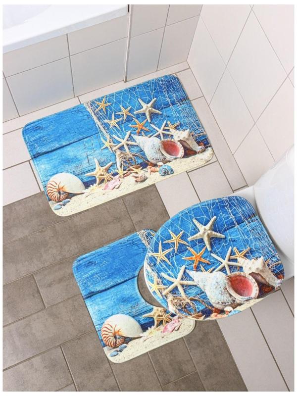 Набор ковриков для ванной и туалета Доляна «Ракушки», 3 шт: 37×45, 37×45, 45×75 см., 2987444