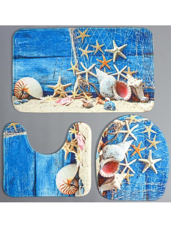 Набор ковриков для ванной и туалета Доляна «Ракушки», 3 шт: 37×45, 37×45, 45×75 см., 2987444