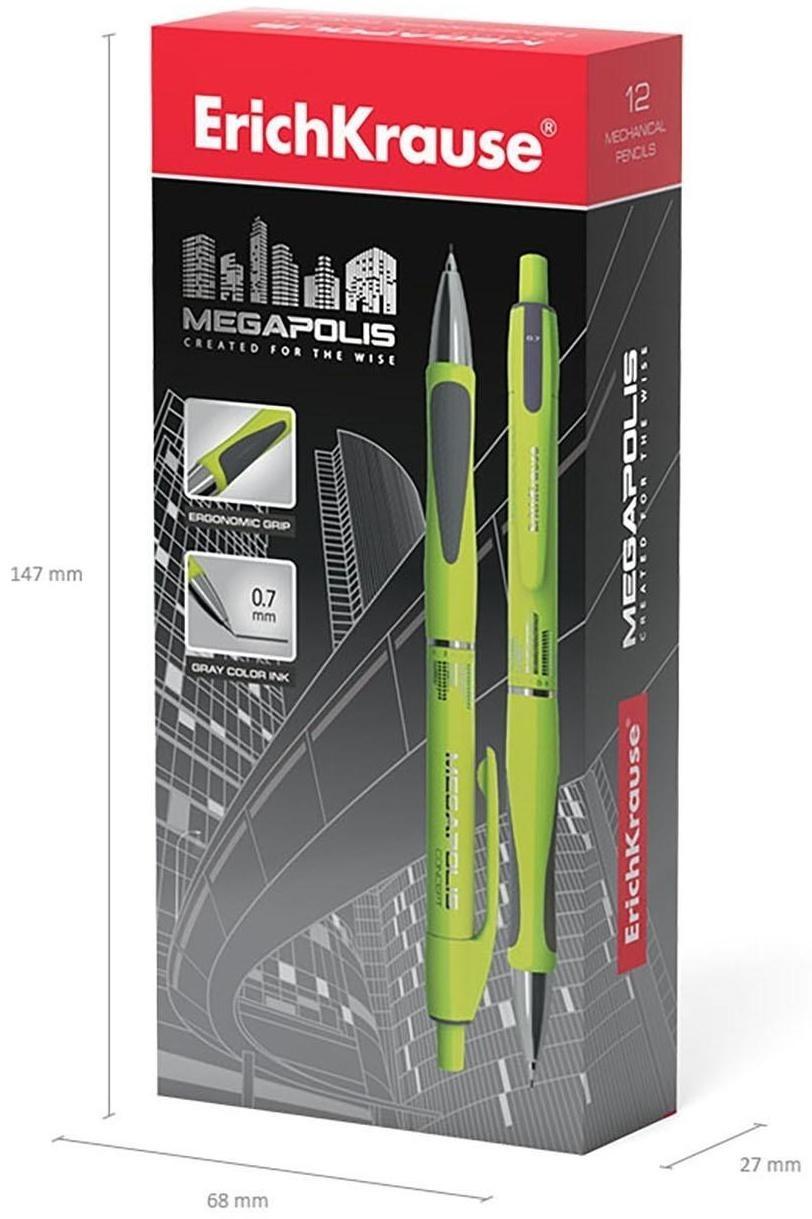 Карандаш механический НВ, 0.7 мм, ErichKrause Megapolis Concept, резиновый упор, неоновый корпус