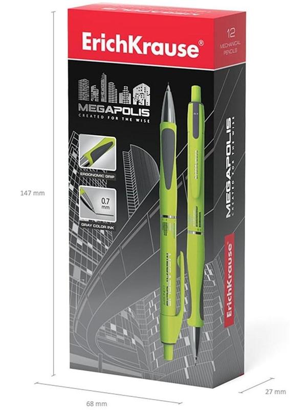 Карандаш механический НВ, 0.7 мм, ErichKrause Megapolis Concept, резиновый упор, неоновый корпус