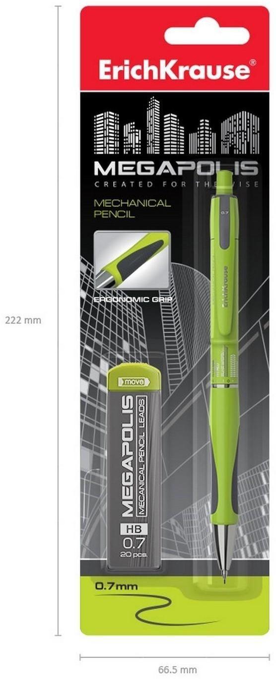Набор карандаш механический НВ, 0.7 мм, ErichKrause Megapolis Concept + 20 грифелей, блистер, резиновый упор