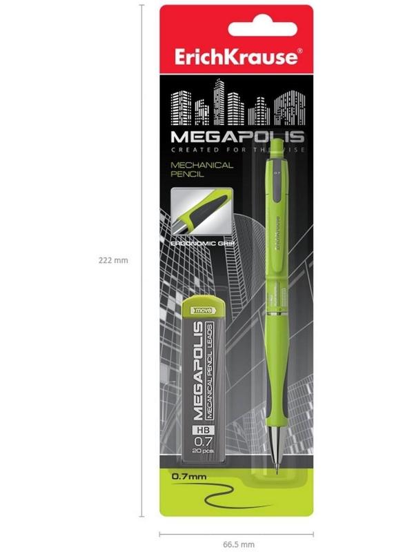 Набор карандаш механический НВ, 0.7 мм, ErichKrause Megapolis Concept + 20 грифелей, блистер, резиновый упор