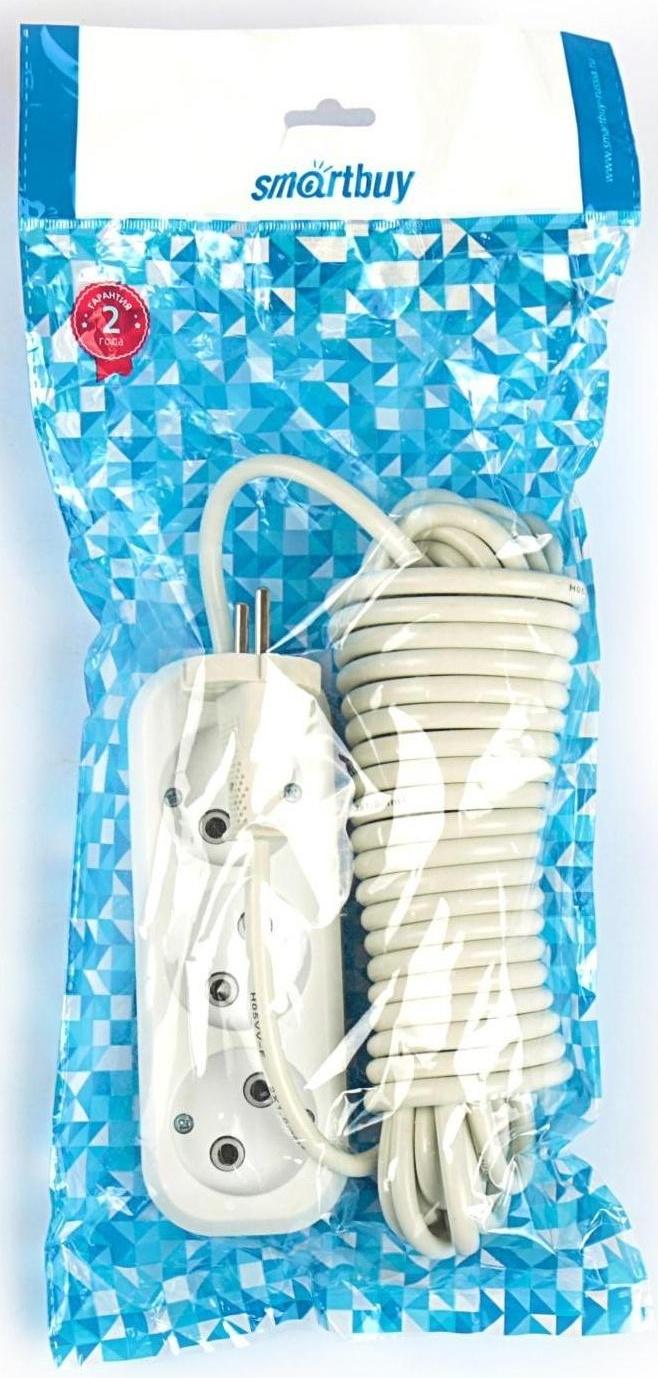 Удлинитель Smartbuy, 3 розетки, 7 м, 10 А, 2200 Вт, ПВС 2х1 мм2, без з/к, белый