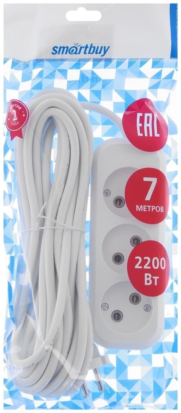 Удлинитель Smartbuy, 3 розетки, 7 м, 10 А, 2200 Вт, ПВС 2х1 мм2, без з/к, белый