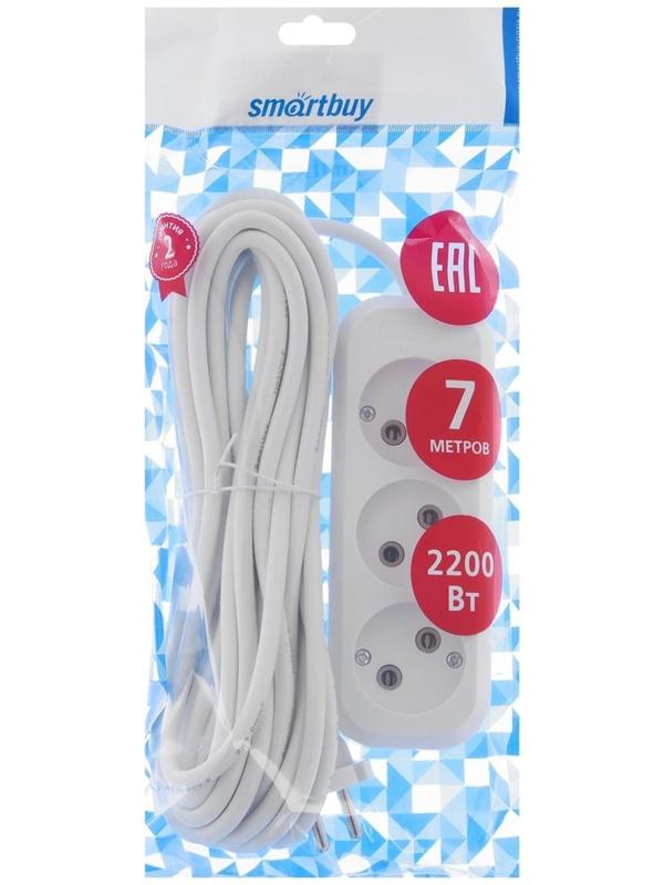 Удлинитель Smartbuy, 3 розетки, 7 м, 10 А, 2200 Вт, ПВС 2х1 мм2, без з/к, белый