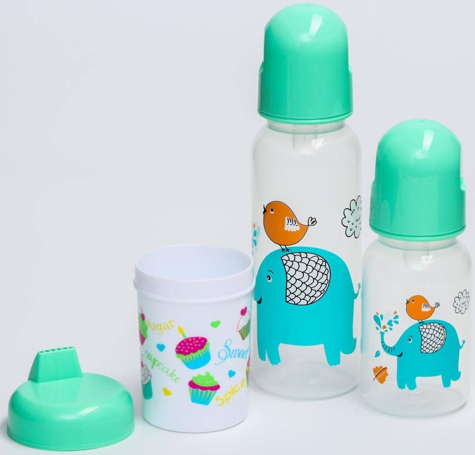 Набор детский «Первый подарок малышу», 10 предметов: бутылочки для кормления 150 и 250 мл, поильник, посуда, нагрудник, расчёска, щётка, цвет зелёный