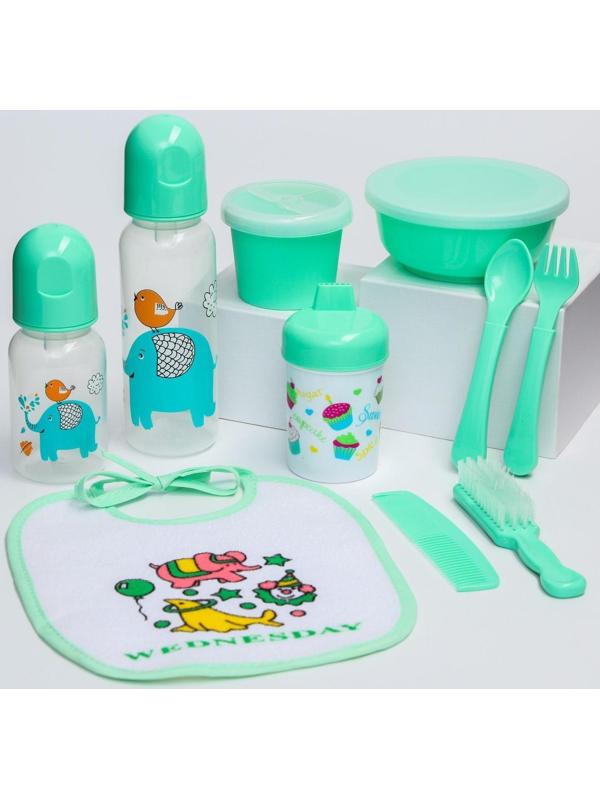 Набор детский «Первый подарок малышу», 10 предметов: бутылочки для кормления 150 и 250 мл, поильник, посуда, нагрудник, расчёска, щётка, цвет зелёный