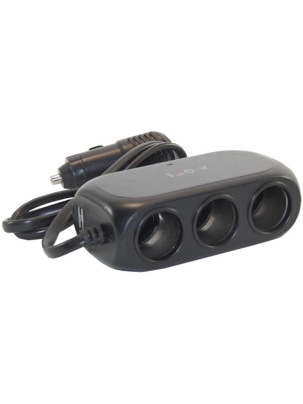 Разветвитель прикуривателя Cartage, USB 2.1 А/1 А, 60 Вт, 12/24 В, провод 60 см