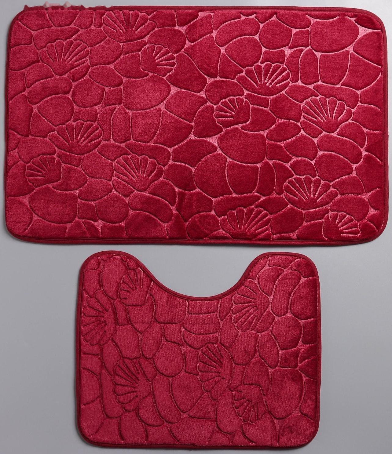 Набор ковриков для ванной и туалета Доляна «Галька, ракушки», 2 шт: 40×50, 50×80 см, цвет бордовый