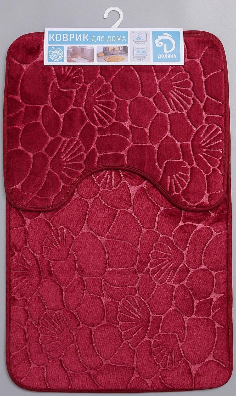 Набор ковриков для ванной и туалета Доляна «Галька, ракушки», 2 шт: 40×50, 50×80 см, цвет бордовый