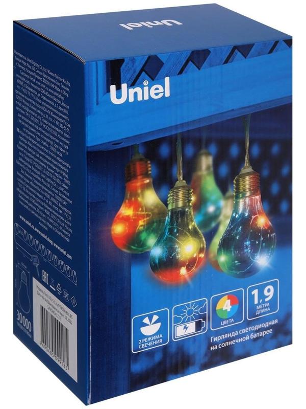 Гирлянда Uniel «Нить» 4 м с насадками «Лампочки», IP44, прозрачная нить, 10 лампочек, свечение мульти, 1 режим, солнечная батарея