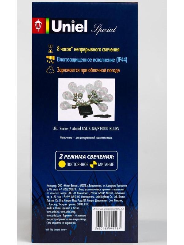 Гирлянда Uniel «Нить» 4 м с насадками «Лампочки», IP44, прозрачная нить, 10 лампочек, свечение мульти, 1 режим, солнечная батарея