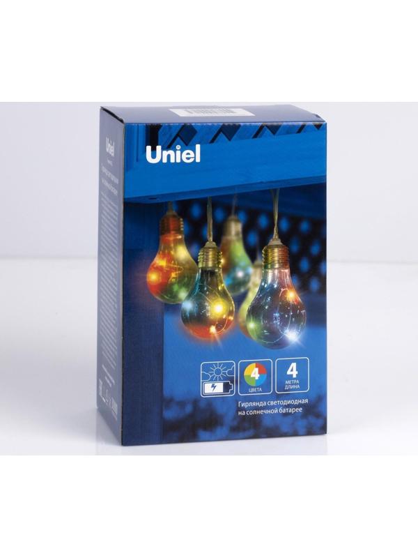 Гирлянда Uniel «Нить» 4 м с насадками «Лампочки», IP44, прозрачная нить, 10 лампочек, свечение мульти, 1 режим, солнечная батарея
