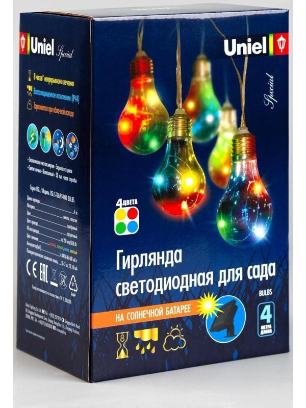 Гирлянда Uniel «Нить» 4 м с насадками «Лампочки», IP44, прозрачная нить, 10 лампочек, свечение мульти, 1 режим, солнечная батарея