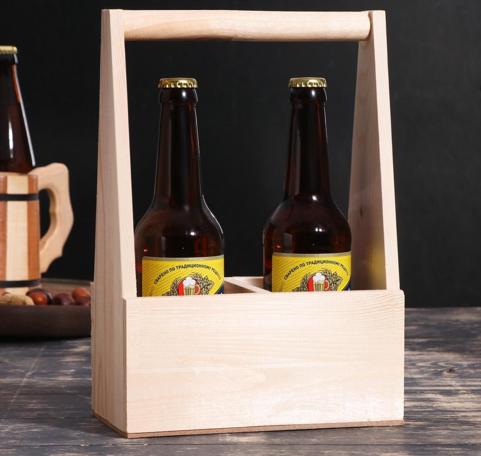 Переноска для 2 бутылок с деревянной ручкой, 21х11,5х30,5 см, натуральная