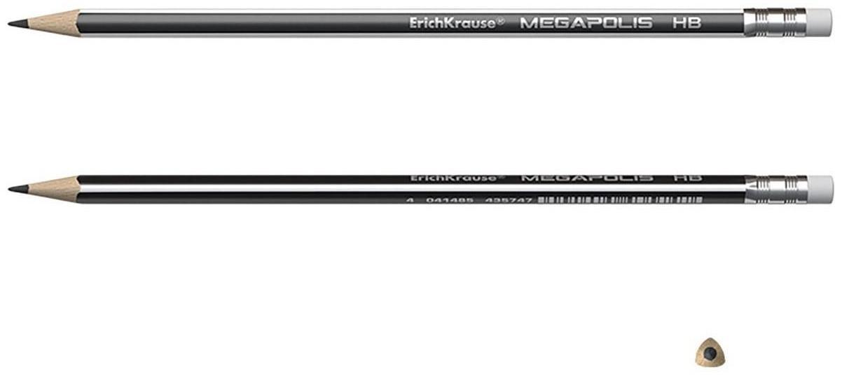 Карандаш чернографитный с ластиком НВ, 2.2 мм, ErichKrause Megapolis, трёхгранный, сплошная проклейка грифеля