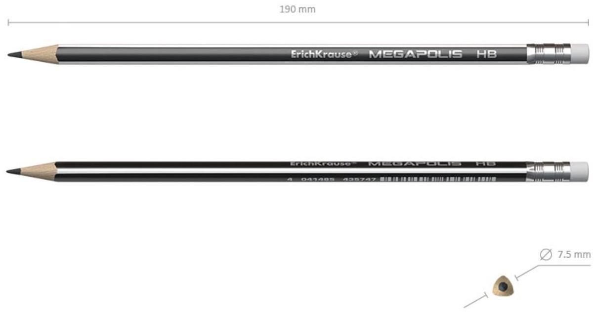 Карандаш чернографитный с ластиком НВ, 2.2 мм, ErichKrause Megapolis, трёхгранный, сплошная проклейка грифеля