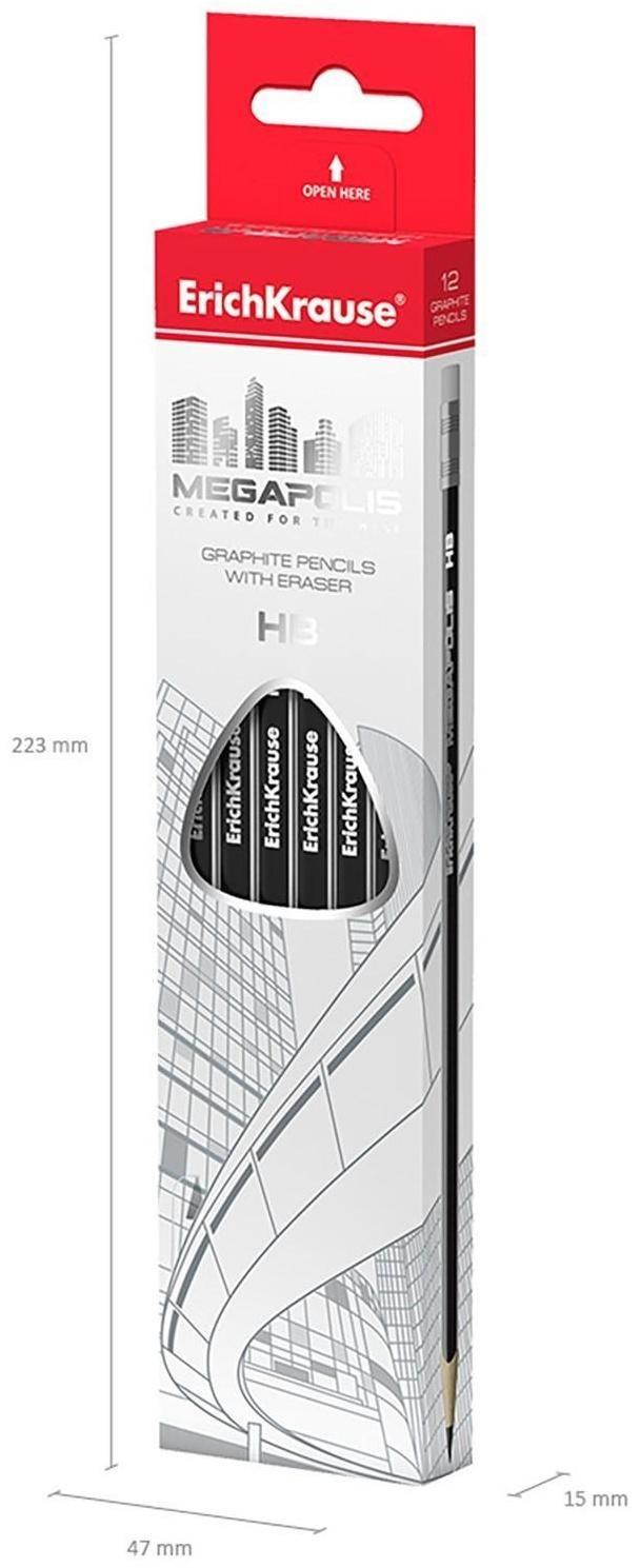 Карандаш чернографитный с ластиком НВ, 2.2 мм, ErichKrause Megapolis, трёхгранный, сплошная проклейка грифеля