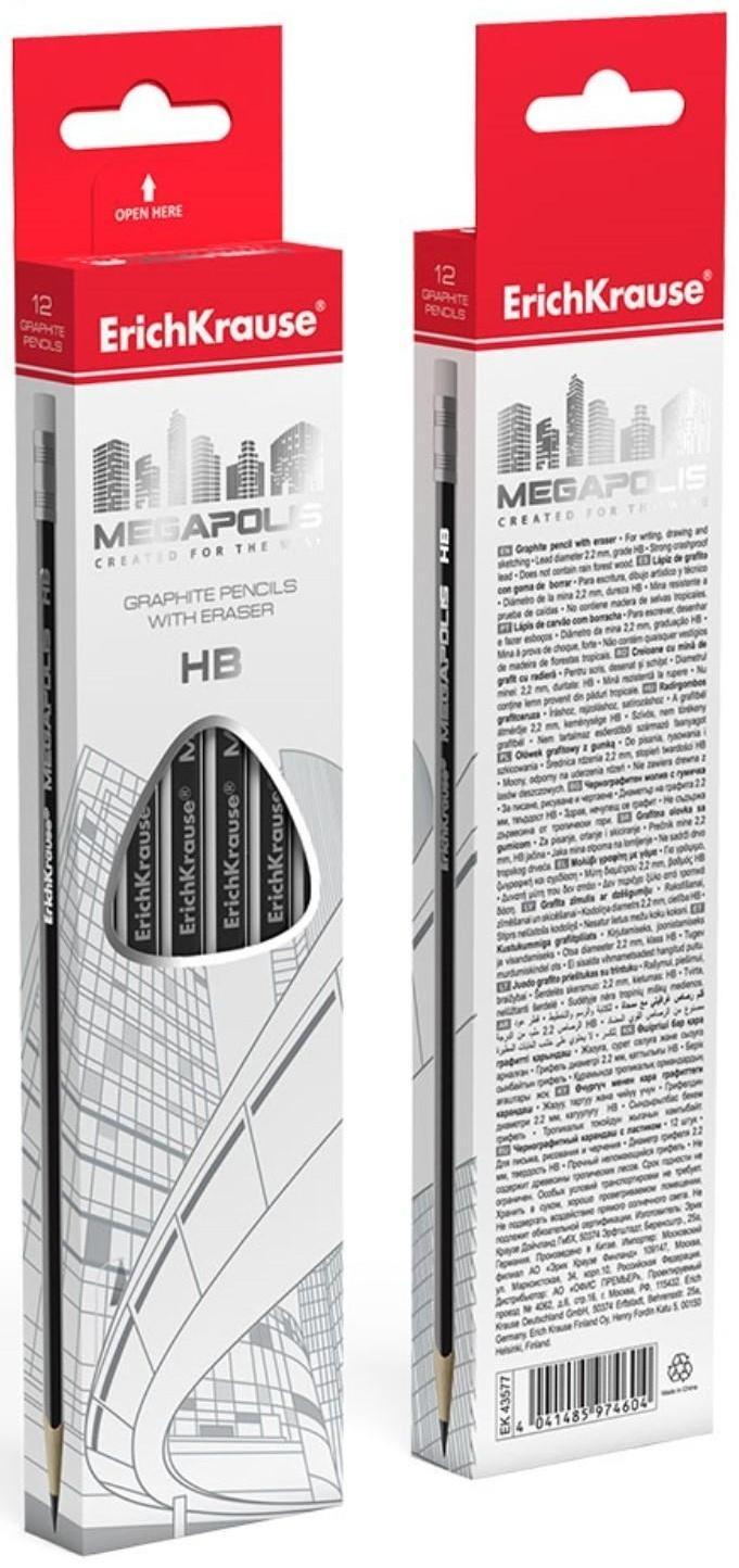 Карандаш чернографитный с ластиком НВ, 2.2 мм, ErichKrause Megapolis, трёхгранный, сплошная проклейка грифеля