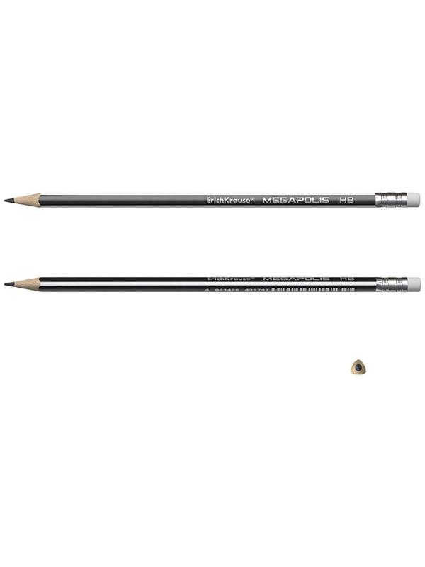 Карандаш чернографитный с ластиком НВ, 2.2 мм, ErichKrause Megapolis, трёхгранный, сплошная проклейка грифеля