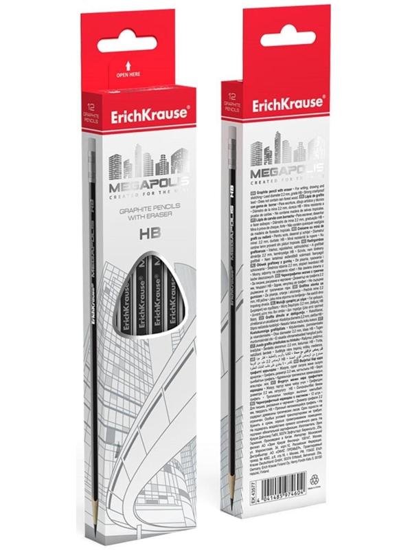 Карандаш чернографитный с ластиком НВ, 2.2 мм, ErichKrause Megapolis, трёхгранный, сплошная проклейка грифеля