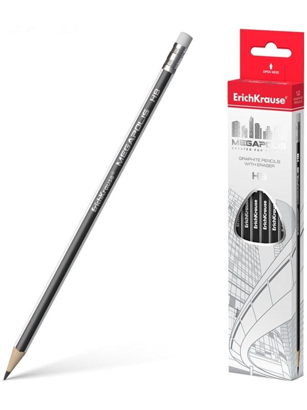 Карандаш чернографитный с ластиком НВ, 2.2 мм, ErichKrause Megapolis, трёхгранный, сплошная проклейка грифеля