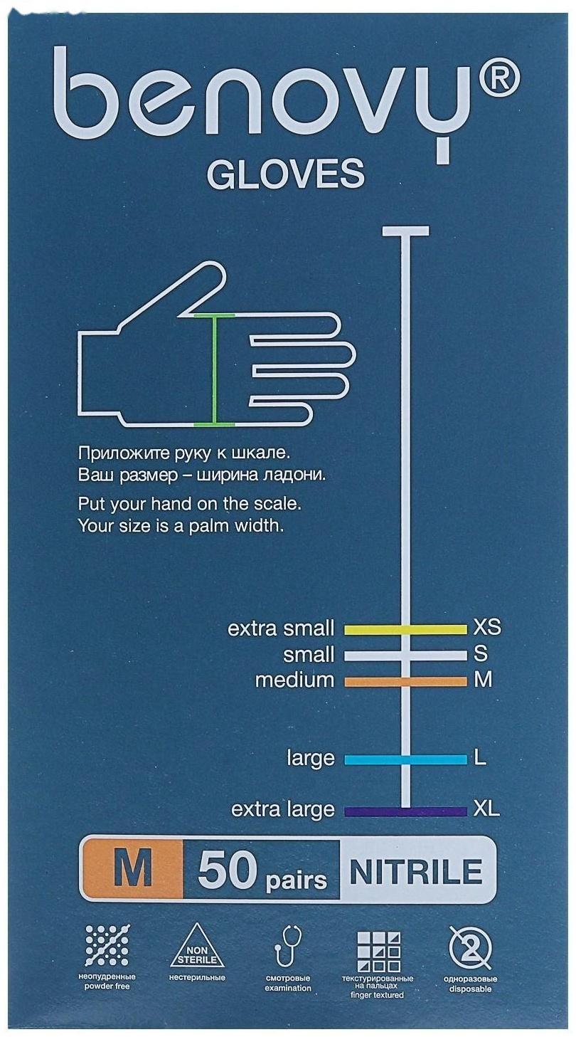 Перчатки Benovy Q, нитриловые, текстурированные, размер М, зеленые, 50 пар