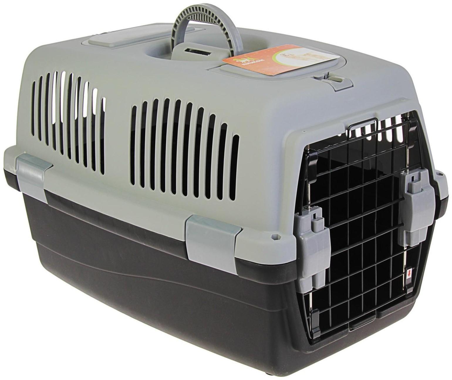 Переноска с 2 люками и креплением для наплечного ремня, 58х37х37, до 12 кг, серо-чёрная