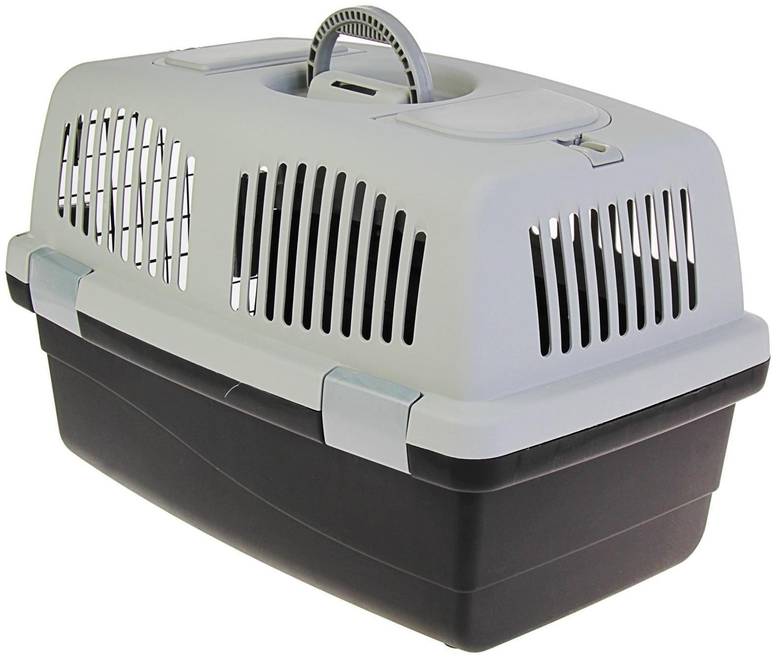 Переноска с 2 люками и креплением для наплечного ремня, 58х37х37, до 12 кг, серо-чёрная